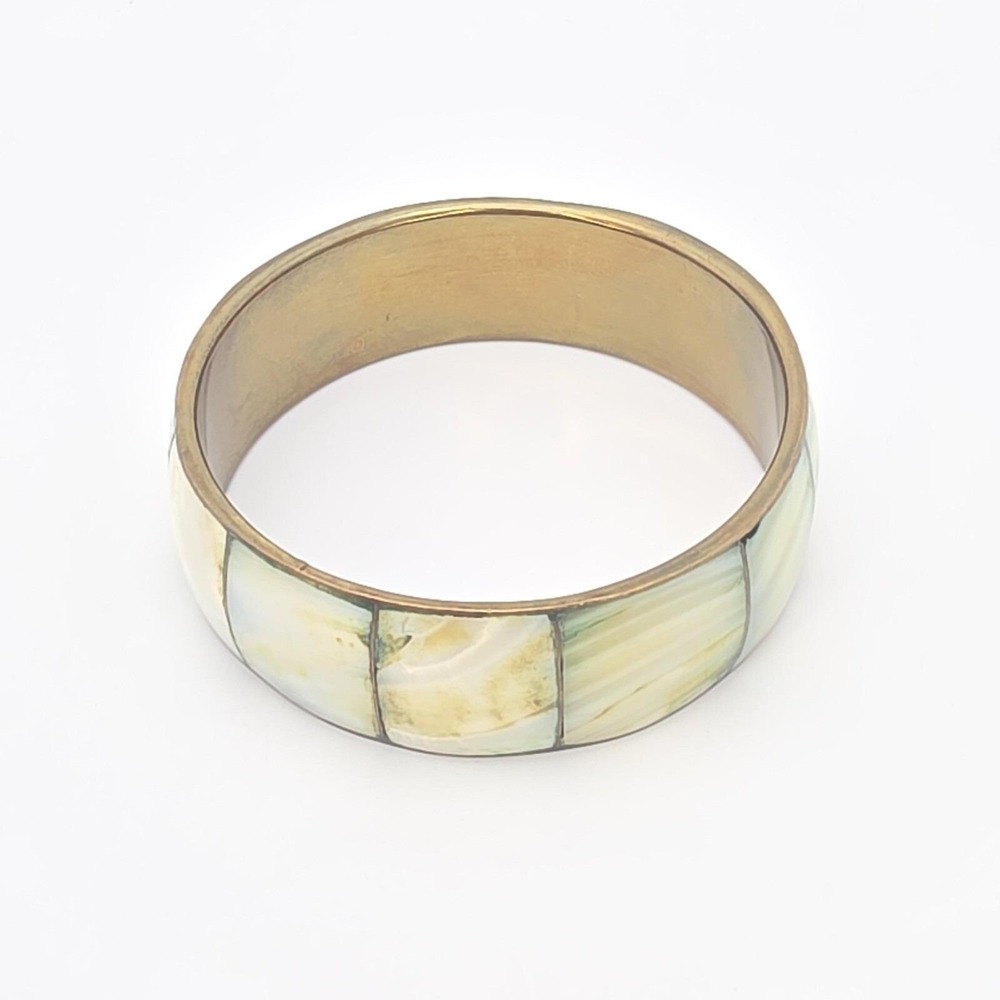 Vintage Mother Of Pearl Inlay Bracelet Wide Brass Bangle 8.5" FREE‎ $HIPPING!! - Picture 4 of 16